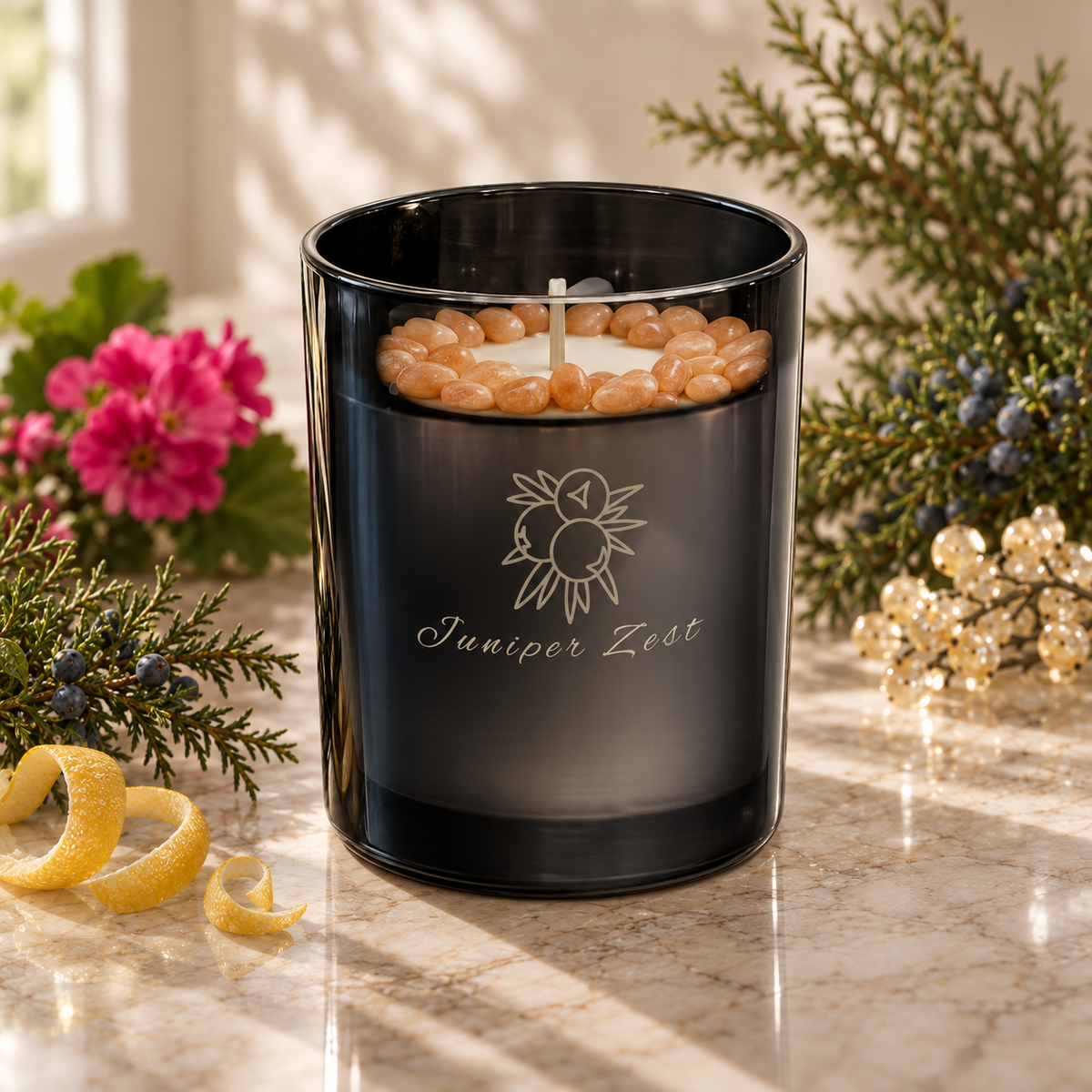 Juniper Zest Handcrafted Crystal-Infused Coconut Soy Wax Scented Candle, 10oz
