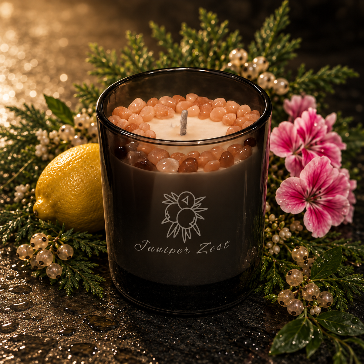 Juniper Zest Handcrafted Crystal-Infused Coconut Soy Wax Scented Candle, 10oz