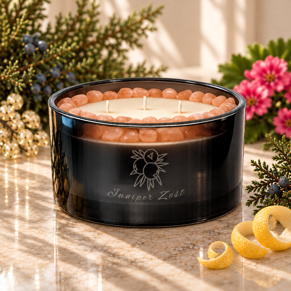 Juniper Zest Handcrafted Crystal-Infused Coconut Soy 3-Wick Scented Candle, 16oz