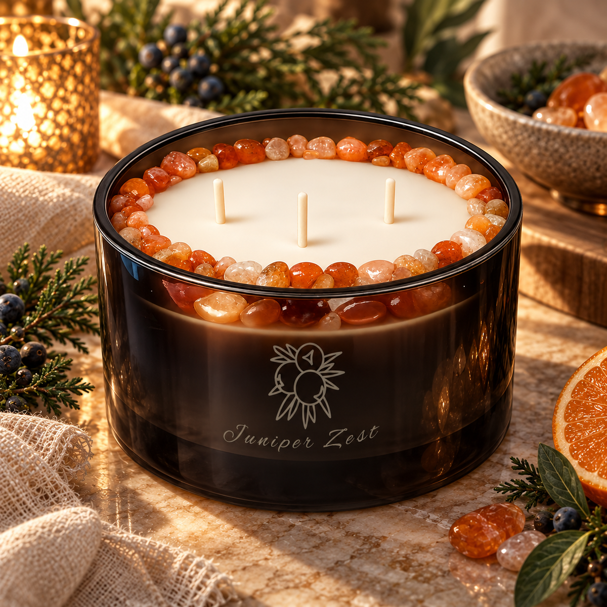 Juniper Zest Handcrafted Crystal-Infused Coconut Soy 3-Wick Scented Candle, 16oz