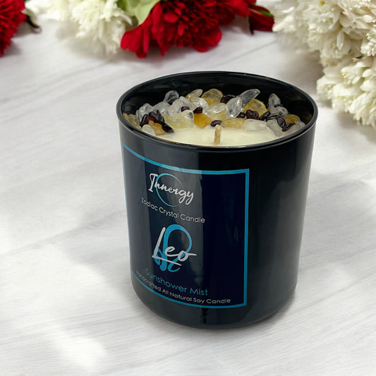 Leo Zodiac Crystal Candle with Garnet, Quartz Crystal, and Citrine | Coconut-Soy Wax Candle, 9oz
