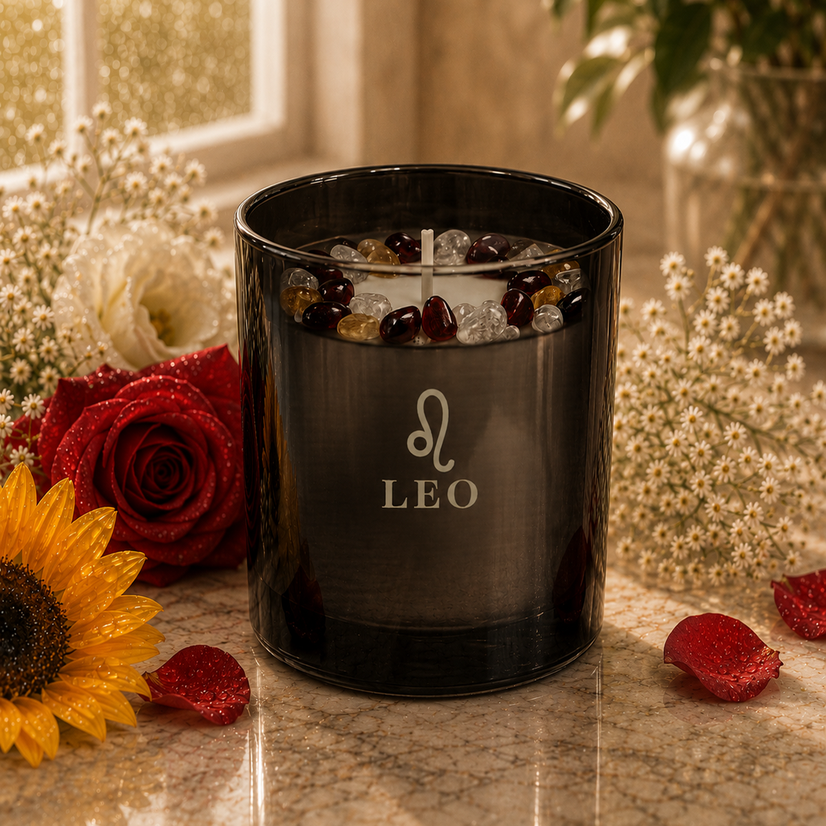 Leo Zodiac Handcrafted Crystal-Infused Coconut Soy Wax Scented Candle, 10oz
