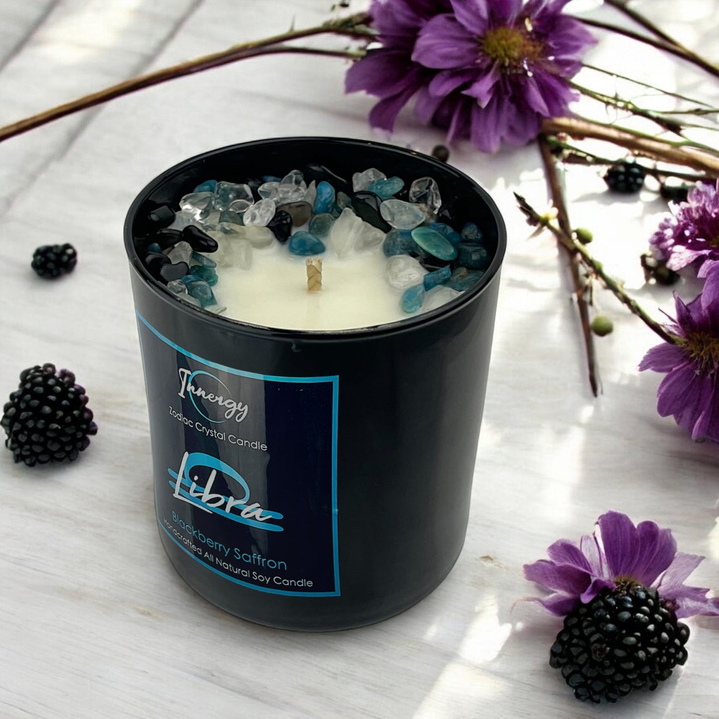 Libra Zodiac Crystal Candle with Black Obsidian, Rose, and Crystal Quartz | Coconut-Soy Wax Candle, 9oz