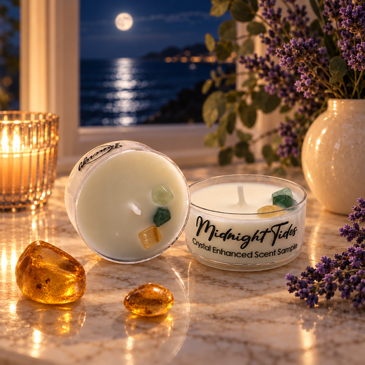 Midnight Tides, Premium Coconut-Soy Wax Tea Light Crystal Candle, 1oz