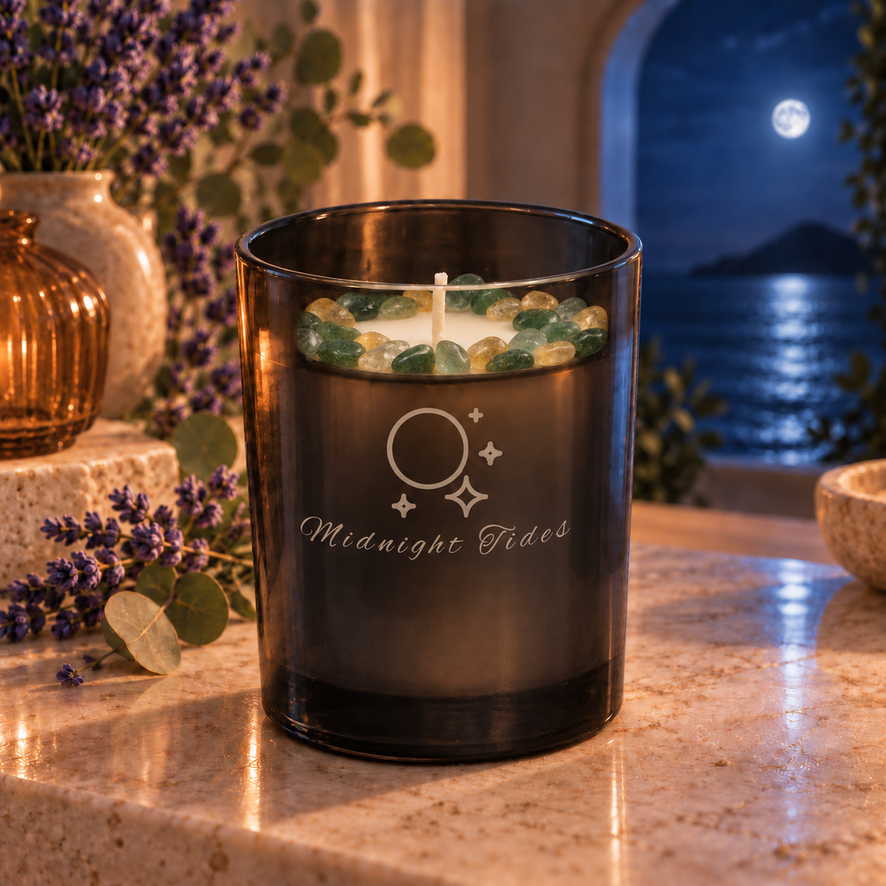 Midnight Tides Handcrafted Crystal-Infused Coconut Soy Wax Scented Candle, 10oz