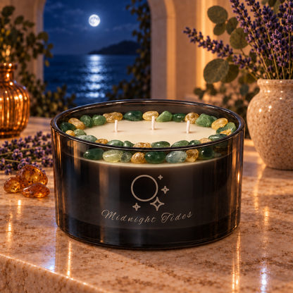 Midnight Tides Handcrafted Crystal-Infused Coconut Soy 3-Wick Scented Candle, 16oz