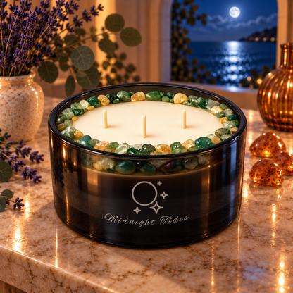 Midnight Tides Handcrafted Crystal-Infused Coconut Soy 3-Wick Scented Candle, 16oz