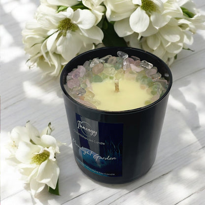 Moonlight Garden Crystal Candle with Green Fluorite, Rose, and Crystal Quartz | Coconut-Soy Wax Candle, 9oz