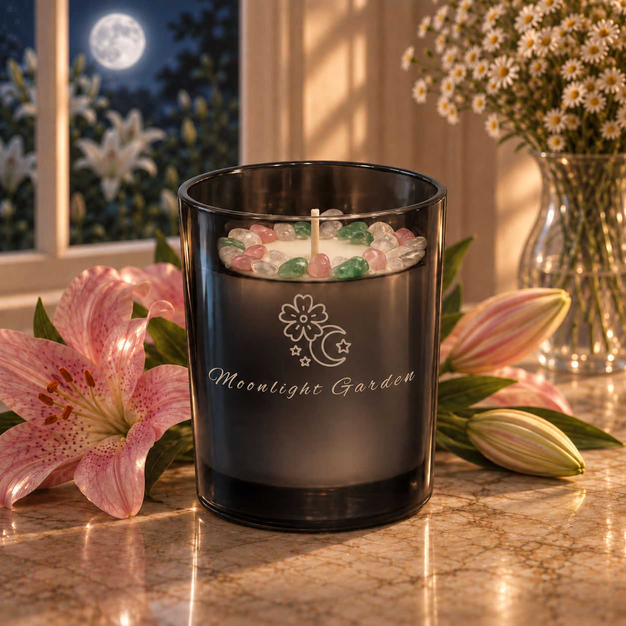 Moonlight Garden Handcrafted Crystal-Infused Coconut Soy Wax Scented Candle, 10oz