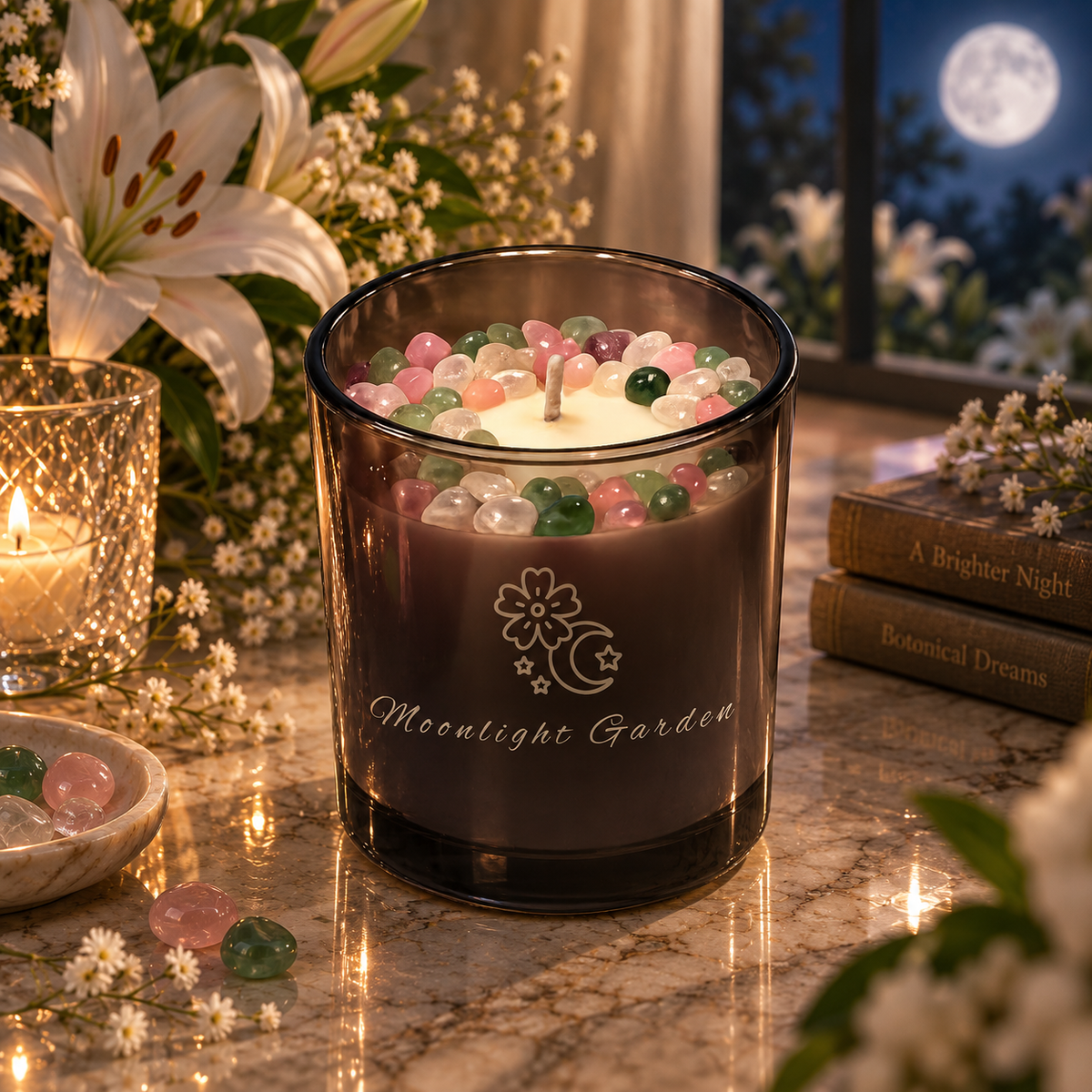 Moonlight Garden Handcrafted Crystal-Infused Coconut Soy Wax Scented Candle, 10oz