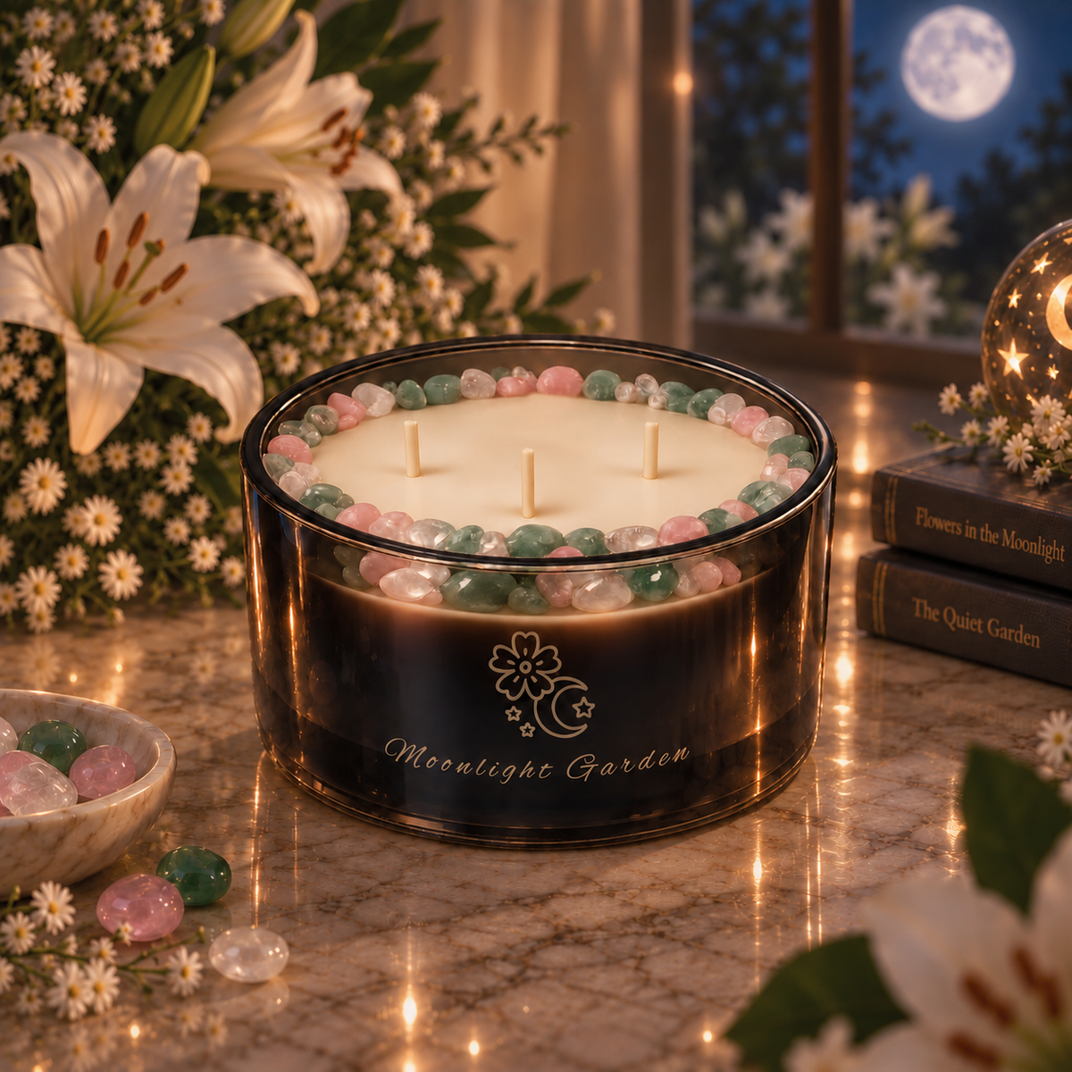 Moonlight Garden Handcrafted Crystal-Infused Coconut Soy 3-Wick Scented Candle, 16oz