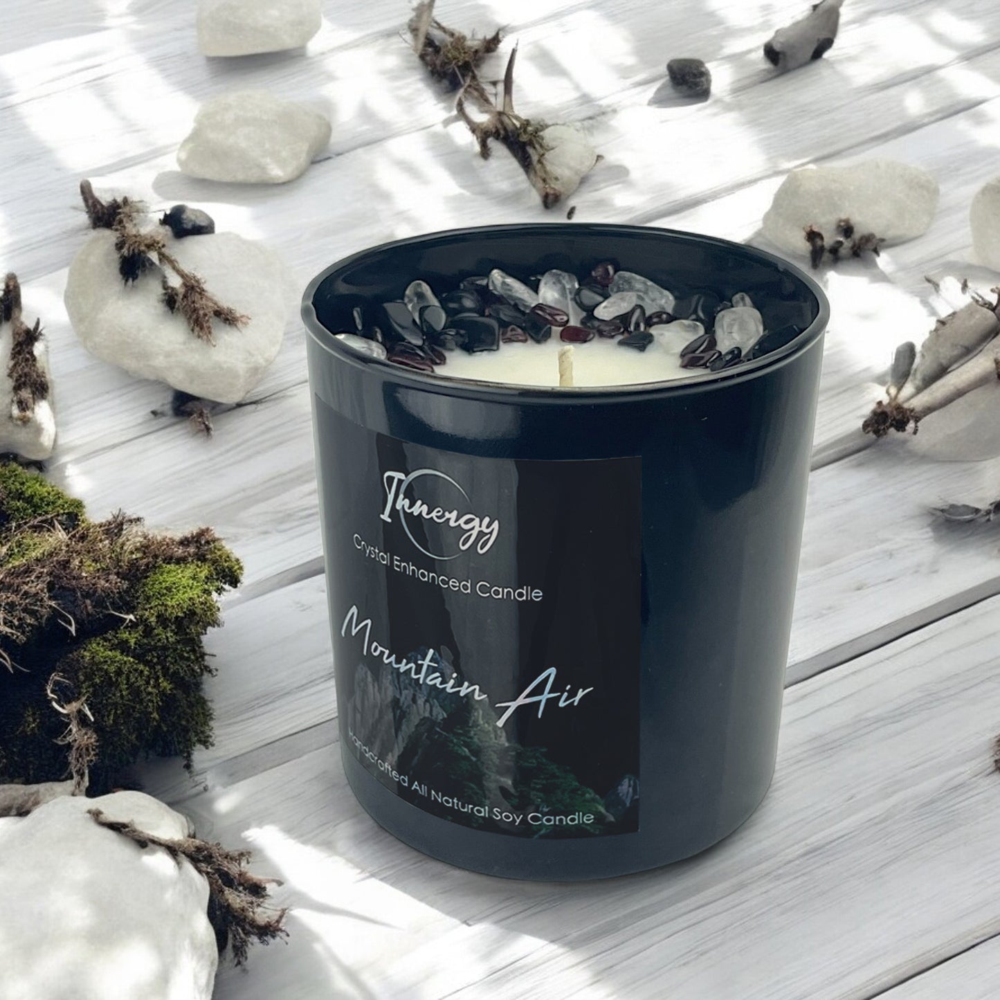 Mountain Air Crystal Candle with Garnet, Rose Quartz and Crystal Quartz | Coconut-Soy Wax Candle, 9oz