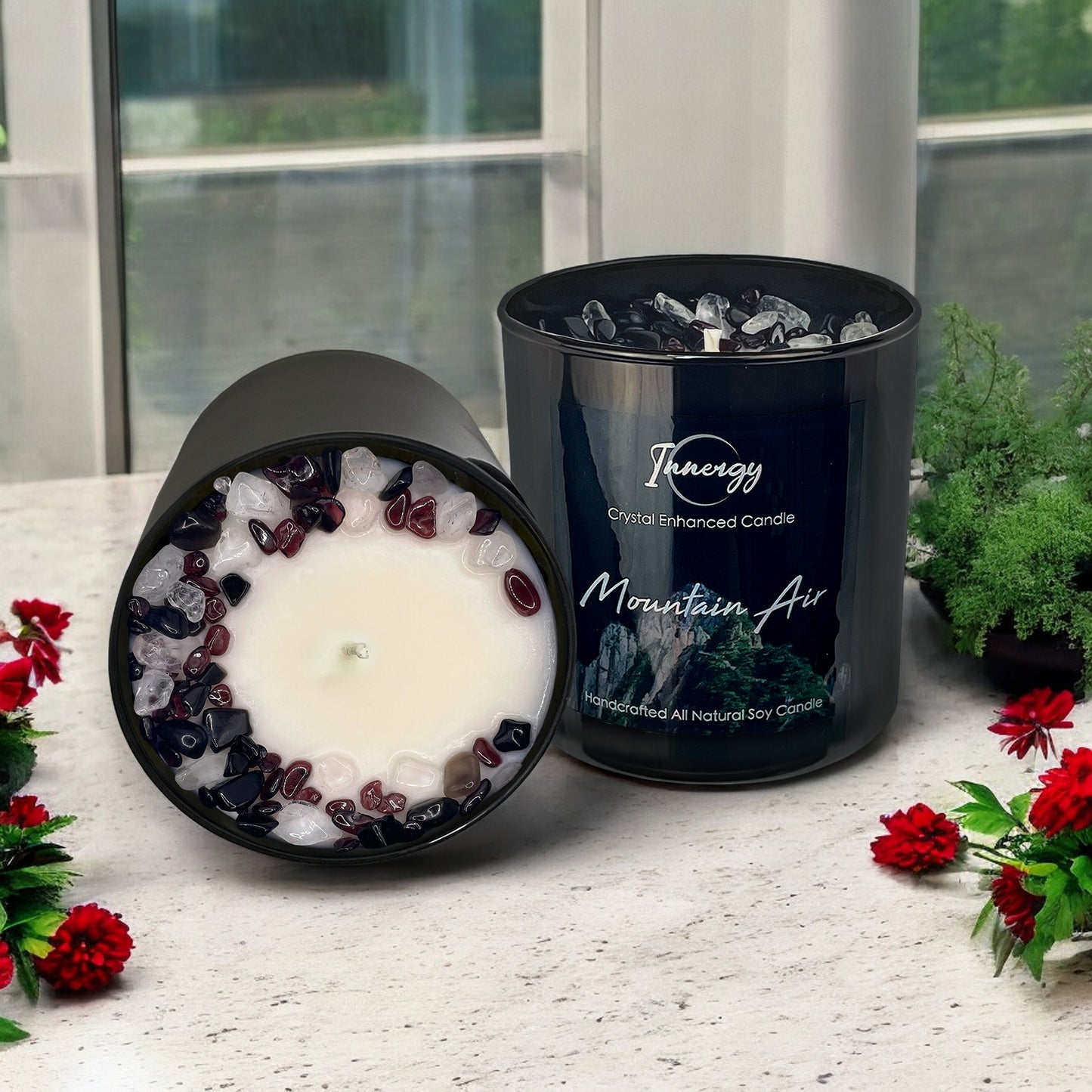 Mountain Air Crystal Candle with Garnet, Black Obsidian and Crystal Quartz | Coconut-Soy Wax Candle, 9oz