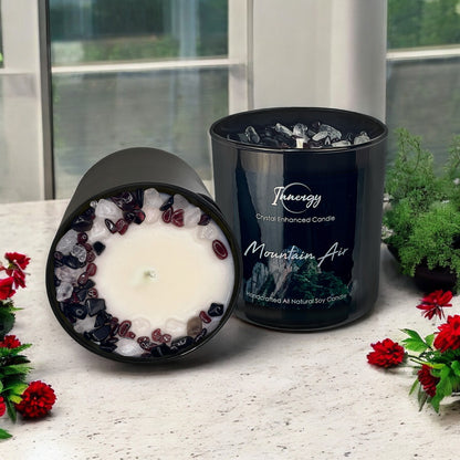 Mountain Air Crystal Candle with Garnet, Rose Quartz and Crystal Quartz | Coconut-Soy Wax Candle, 9oz