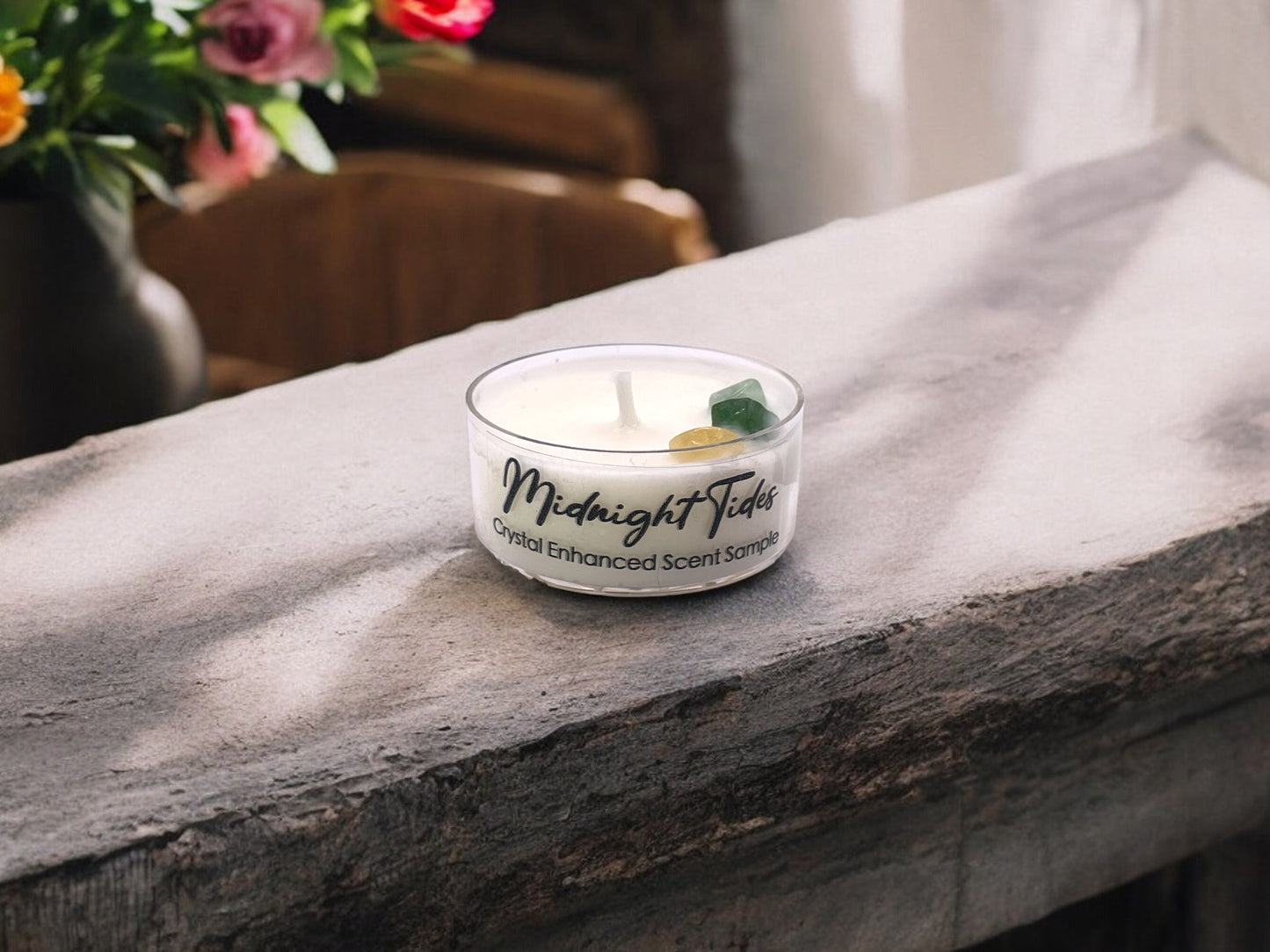 Midnight Tides, Premium Coconut-Soy Wax Tea Light Crystal Candle, 1oz