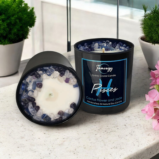 Pisces Zodiac Crystal Candle with Kyanite, Amethyst, and Crystal Quartz | Coconut-Soy Wax Candle, 9oz