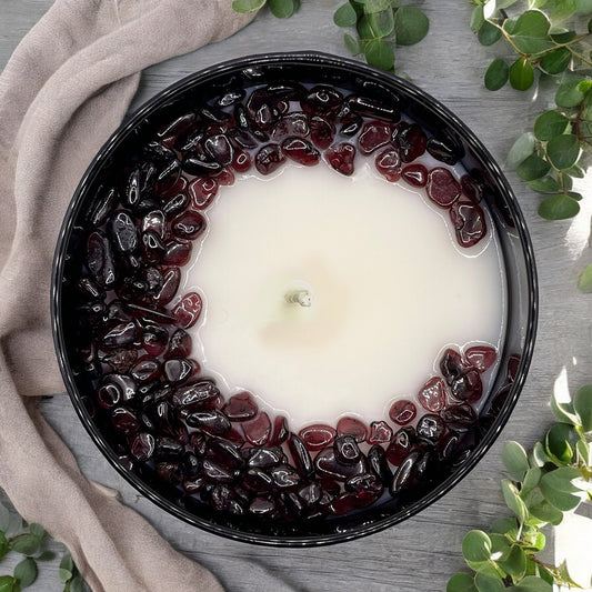 Cool Eucalyptus Mint Crystal Candle with Garnet | Coconut-Soy Wax Candle, 9oz