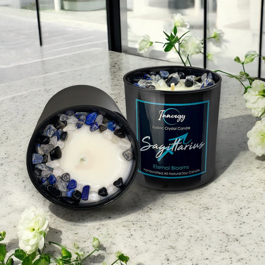 Sagittarius Zodiac Crystal Candle with Black Obsidian, Lapis Lazuli, and Crystal Quartz | Coconut-Soy Wax Candle, 9oz