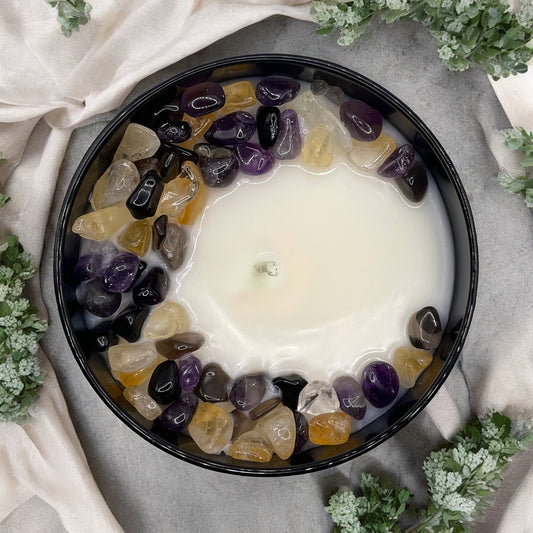 Sea Salt Eucalyptus Crystal Candle with Black Obsidian, Citrine, and Amethyst | Coconut-Soy Wax Candle, 9oz