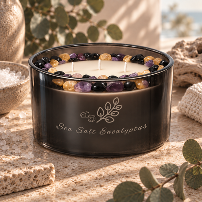 Sea Salt Eucalyptus Handcrafted Crystal-Infused Coconut Soy 3-Wick Scented Candle, 16oz