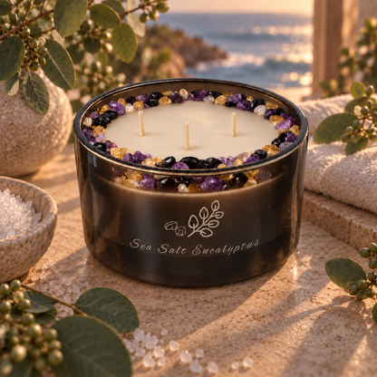 Sea Salt Eucalyptus Handcrafted Crystal-Infused Coconut Soy 3-Wick Scented Candle, 16oz
