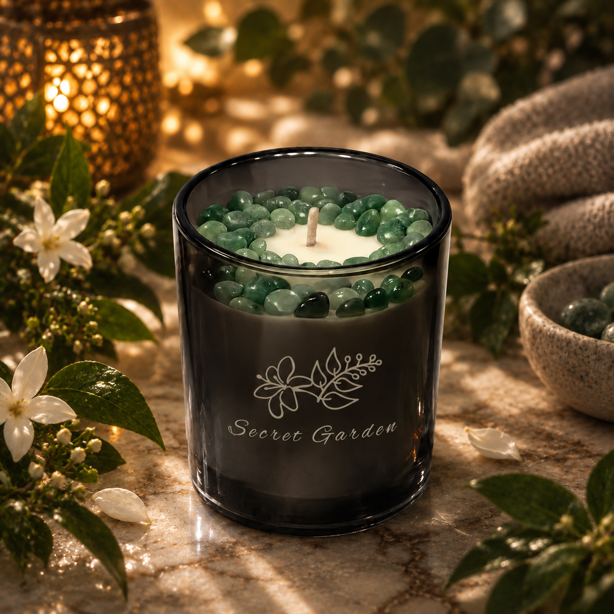 Secret Garden Handcrafted Crystal-Infused Coconut Soy Wax Scented Candle, 10oz