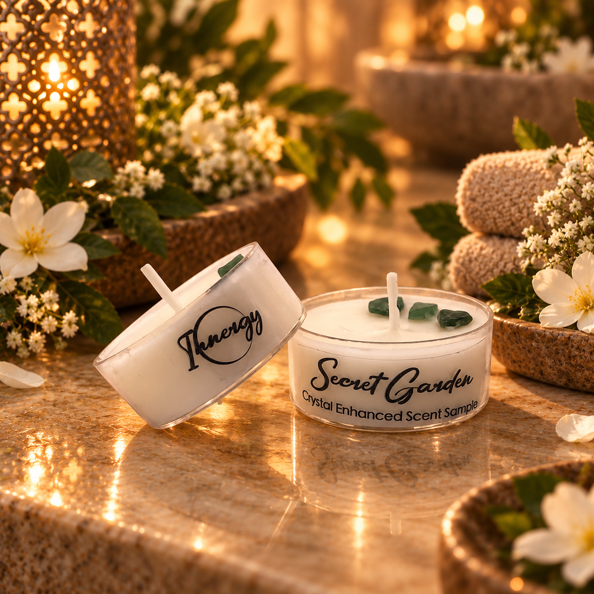 Secret Garden, Premium Coconut-Soy Wax Tea Light Crystal Candle, 1oz