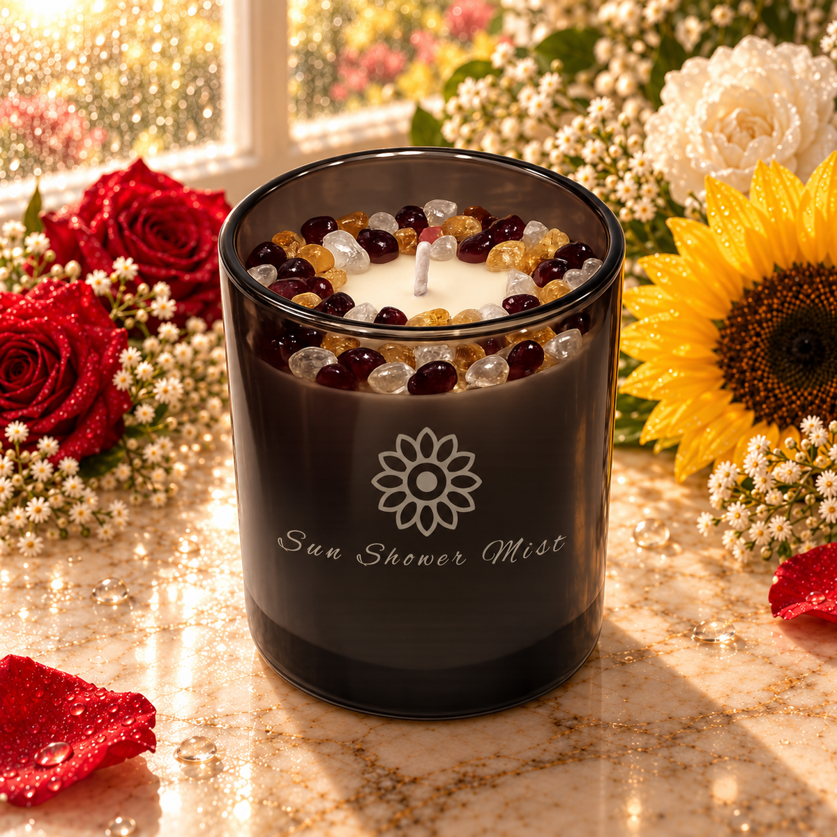 Sunshower Mist Handcrafted Crystal-Infused Coconut Soy Wax Scented Candle, 10oz