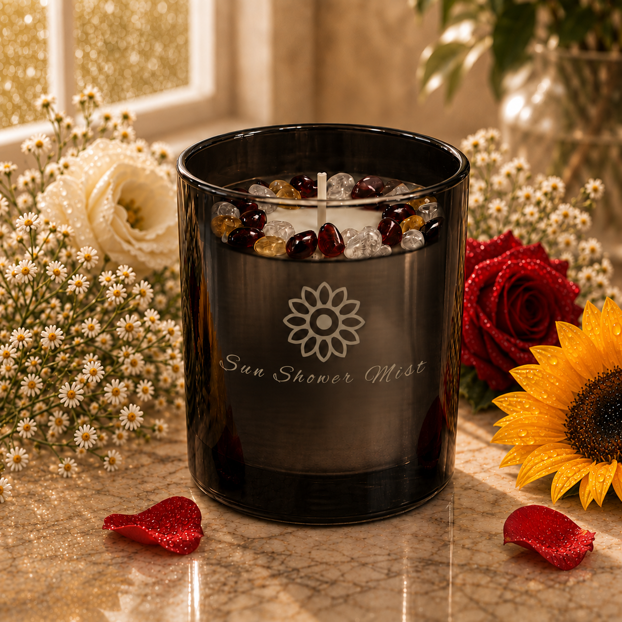 Sunshower Mist Handcrafted Crystal-Infused Coconut Soy Wax Scented Candle, 10oz