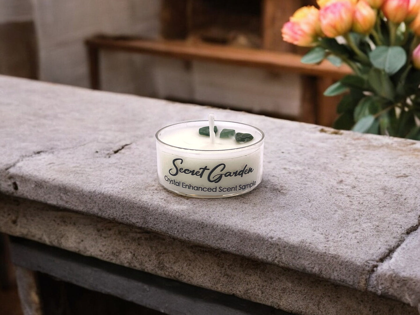 Secret Garden, Premium Coconut-Soy Wax Tea Light Crystal Candle, 1oz