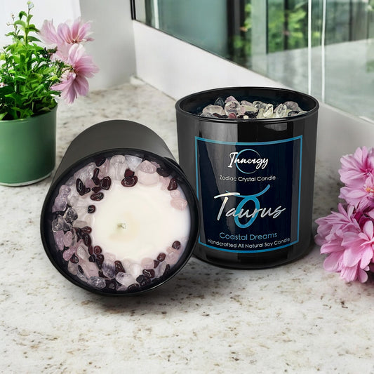 Taurus Zodiac Crystal Candle with Garnet, Crystal Quartz, and Rose Quartz | Coconut-Soy Wax Candle, 9oz