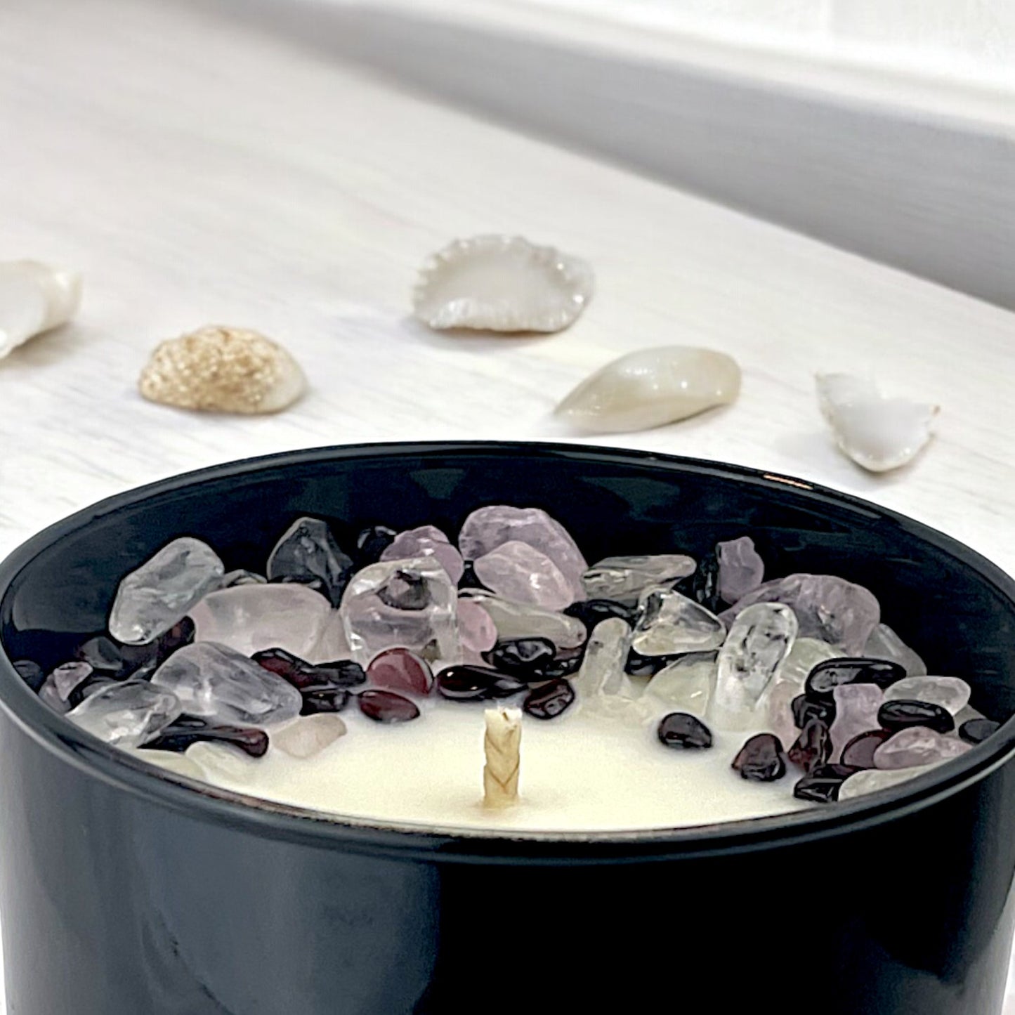 Coastal Dreams Crystal Candle with Garnet, Crystal Quartz, and Rose Quartz | Coconut-Soy Wax Candle, 9oz