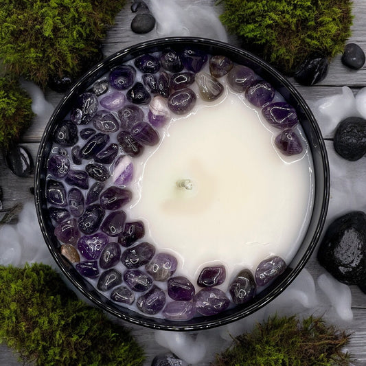 Cypress Mist Crystal Candle with Amethyst | Coconut-Soy Wax Candle, 9oz