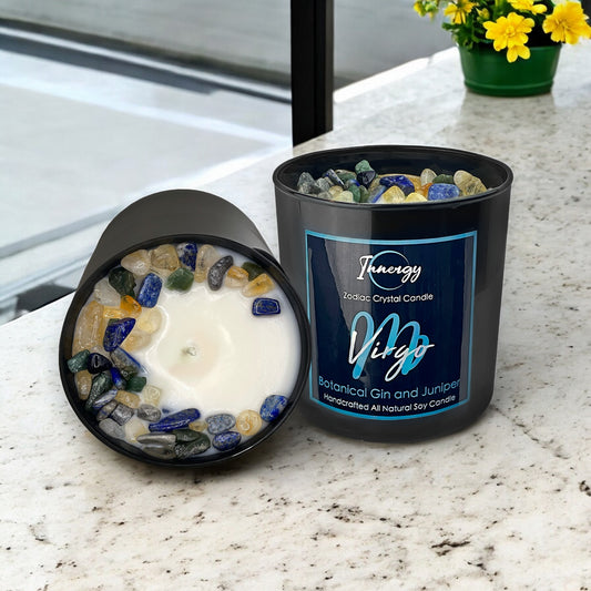 Virgo Zodiac Crystal Candle with Citrine, Lapis Lazuli, and Green Aventurine | Coconut-Soy Wax Candle, 9oz