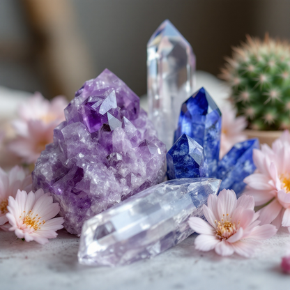 Cactus Flower and Jade Crystal Candle with Kyanite, Amethyst, and Crystal Quartz | Coconut-Soy Wax Candle, 9oz