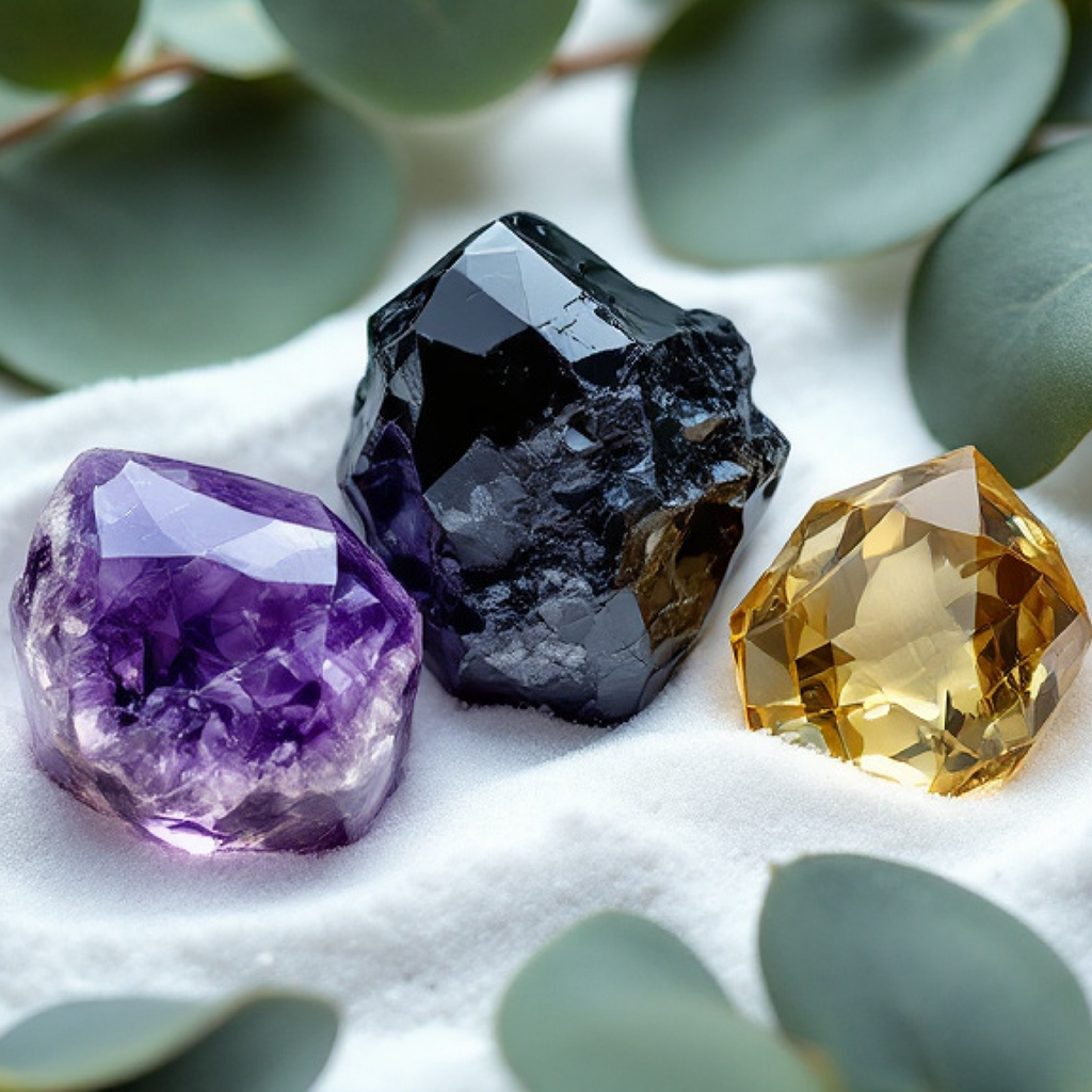 Sea Salt Eucalyptus Crystal Candle with Black Obsidian, Citrine, and Amethyst | Coconut-Soy Wax Candle, 9oz